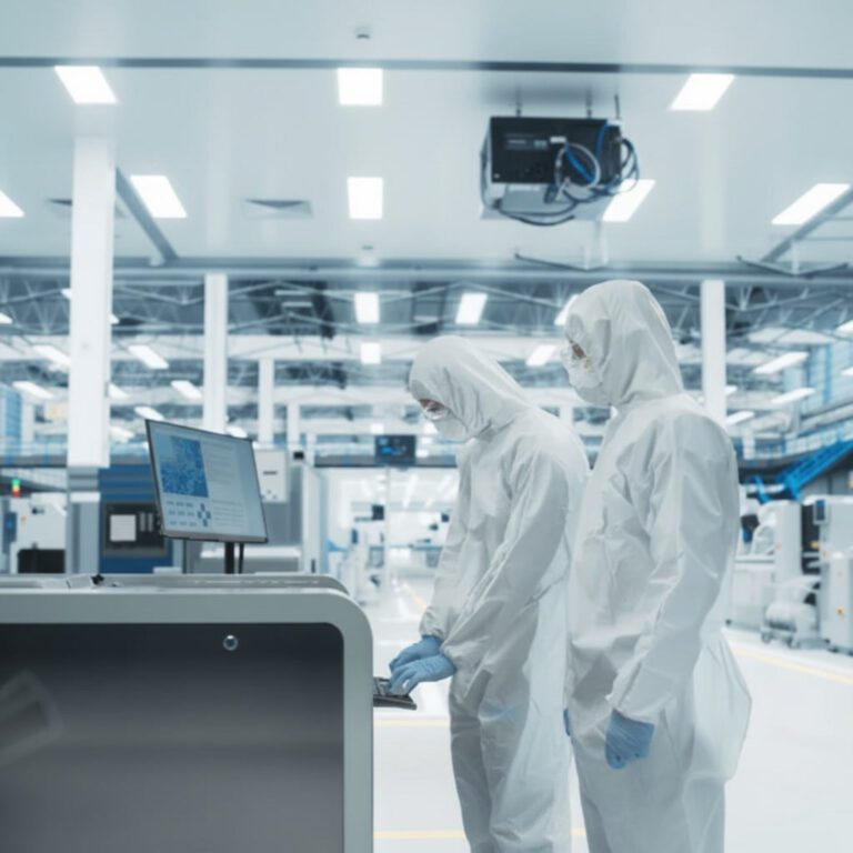 Fachpersonal in Schutzanzügen arbeitet in einem GMP-Reinraumlabor an einer Anlage unter streng kontrollierten Bedingungen