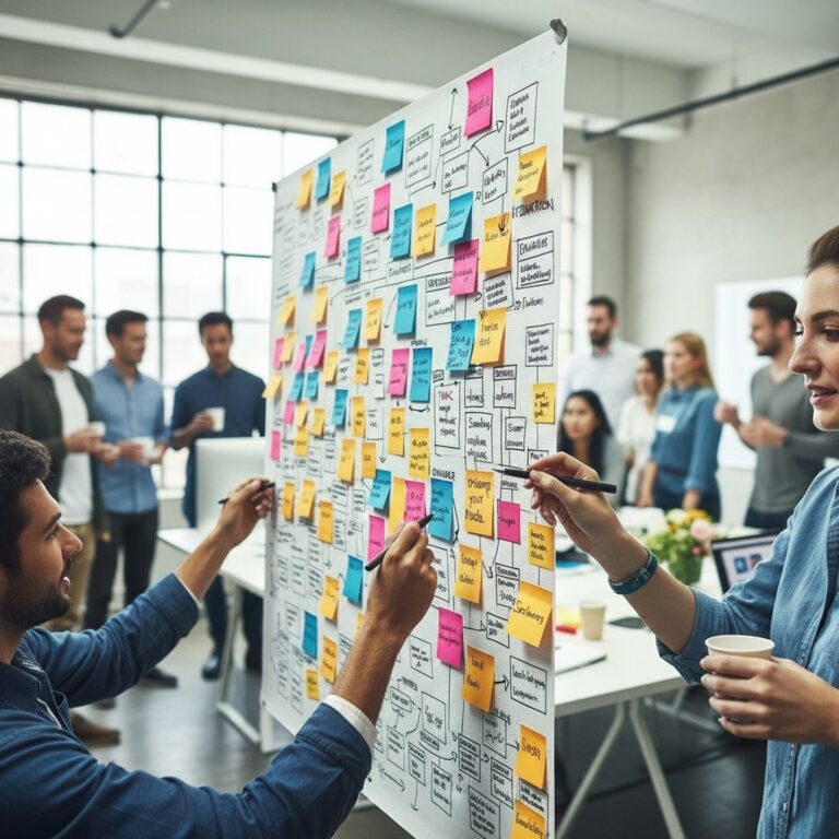 Team arbeitet mit mehreren Händen gleichzeitig an einem Whiteboard mit Notizen, Pfeilen und Versionen zur iterativen Entwicklung im innovativen Prozess
