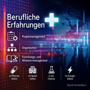 Berufliche Erfahrungen von David Vonlanthen in Projektmanagement, Forschung, Qualitätsmanagement (GMP), Pharmazie, digitalen Systemen, Wissensmanagement, Energie und Innovation.
