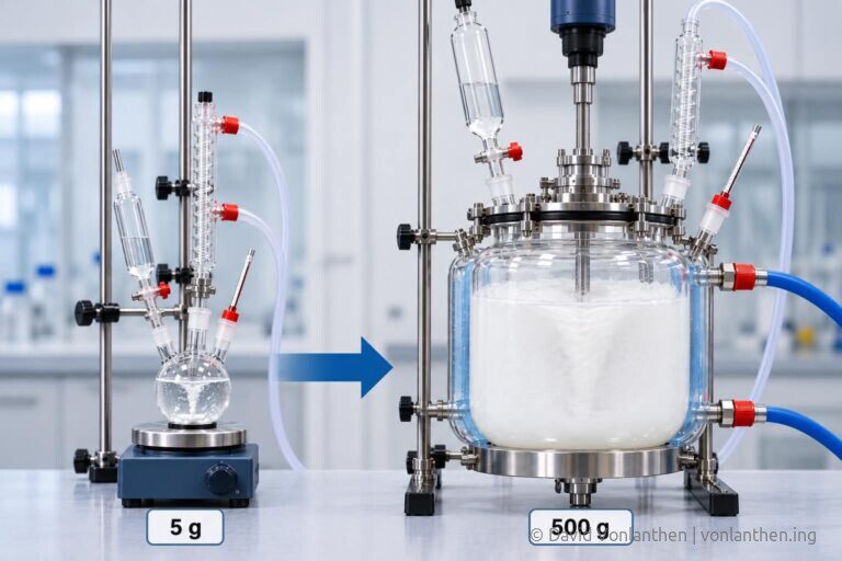 Scale-up einer chemischen Synthese vom 5-Gramm-Laboransatz auf 500 Gramm im Pilot-kg-Labor