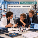Drei Wissenschaftler unterschiedlicher fachlicher und kultureller Hintergründe arbeiten gemeinsam an einem Projekt zu Physik, Energie und chemischer Herstellung