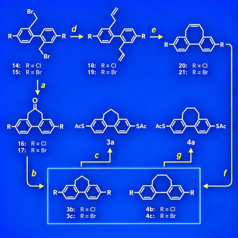 Reaktionsschema: torsionsbeschränkte Biphenyl-Bausteine über Ringschluss-Metathese, Schritte a bis g