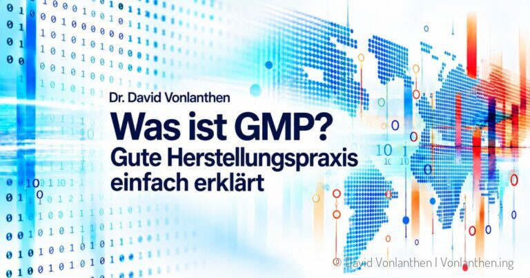 Titelgrafik «Was ist GMP? Gute Herstellungspraxis einfach erklärt» von Dr. David Vonlanthen vor Binärcode und Weltkarte