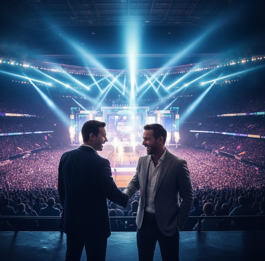 Zwei Geschäftspartner geben sich die Hand vor einer ausverkauften Arena – Partner gewinnen durch Begeisterung als Methode