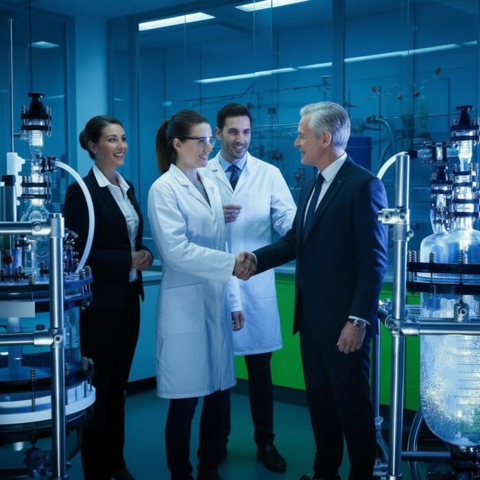 Wissenschaftlerin gibt Geschäftsmann die Hand im Labor – Partner gewinnen durch Überzeugungskraft in Technologie und Innovation